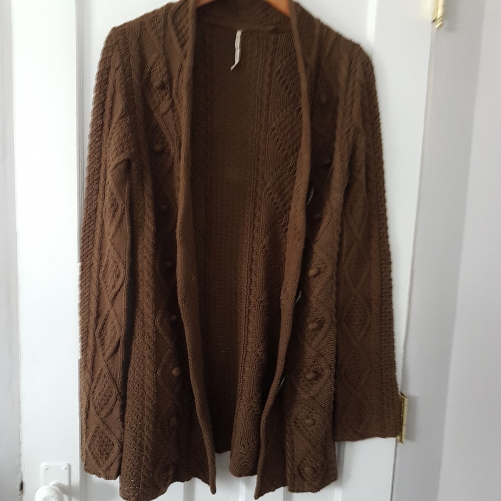 Free People Cable & Cobble Earthy Chunky Knit Cardigan Brown Sz L
